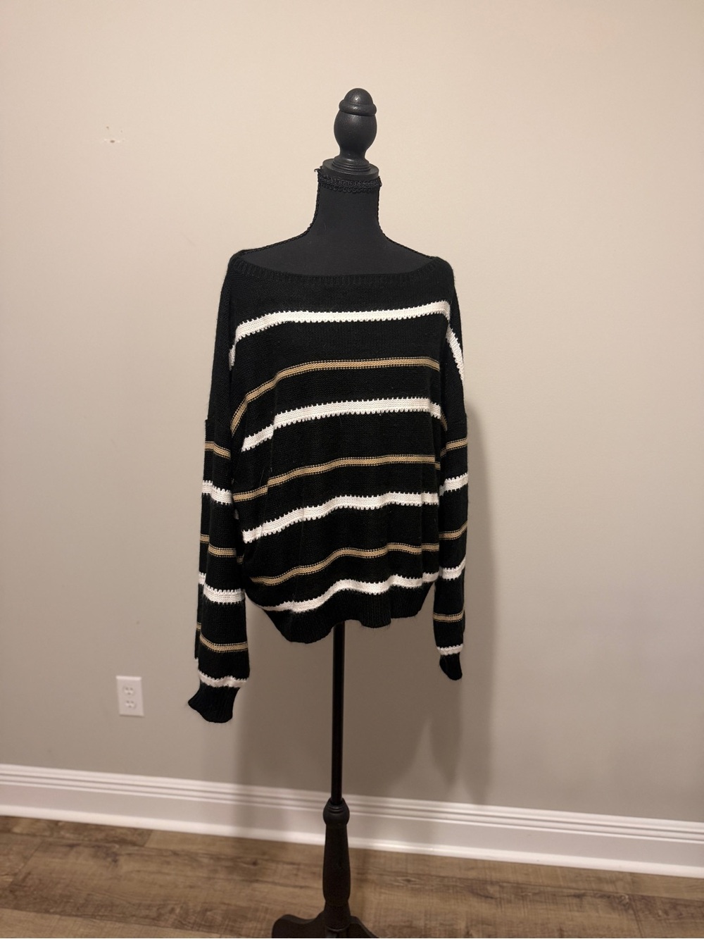 SHEIN Black Off-Shoulder Striped Sweater with White and Gold Stripes